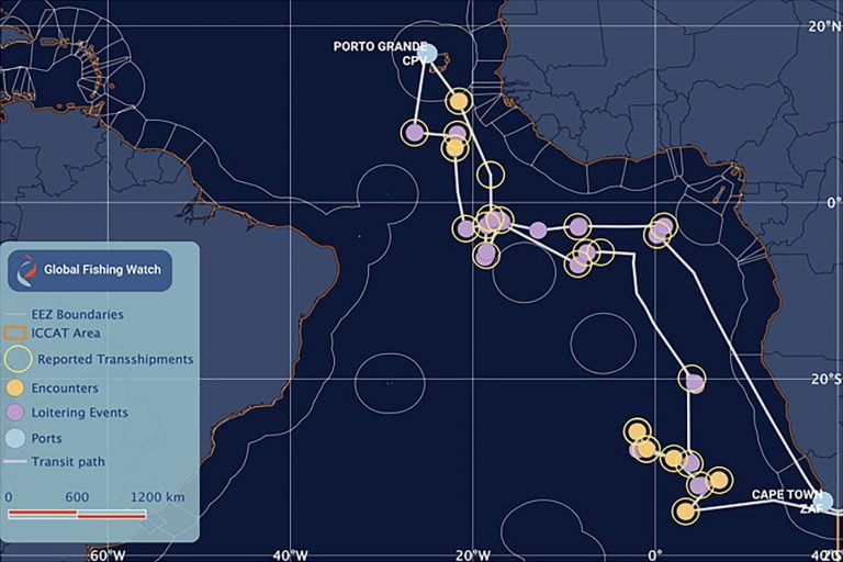 Potential encounters and loitering events involving an authorised Liberian-flagged carrier vessel, detected by AIS and crossreferenced with ICCAT Observer Reported transshipment data