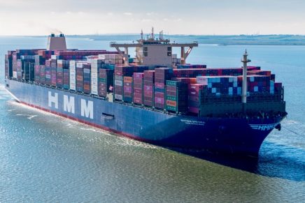 HMM Algeciras, the world’s biggest container vessel, approaching London Gateway port at the end of her maiden voyage in on 14 June 2020.