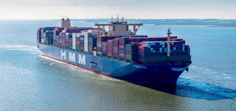 HMM Algeciras, the world’s biggest container vessel, approaching London Gateway port at the end of her maiden voyage in on 14 June 2020.