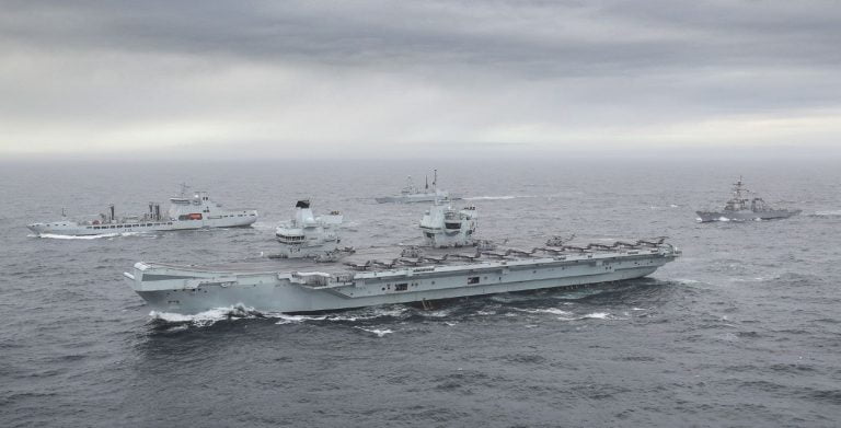 Part of the UK Carrier Strike Group, including American and Dutch warships, assembling for the first time during Group Exercise 2020 in the North Sea.